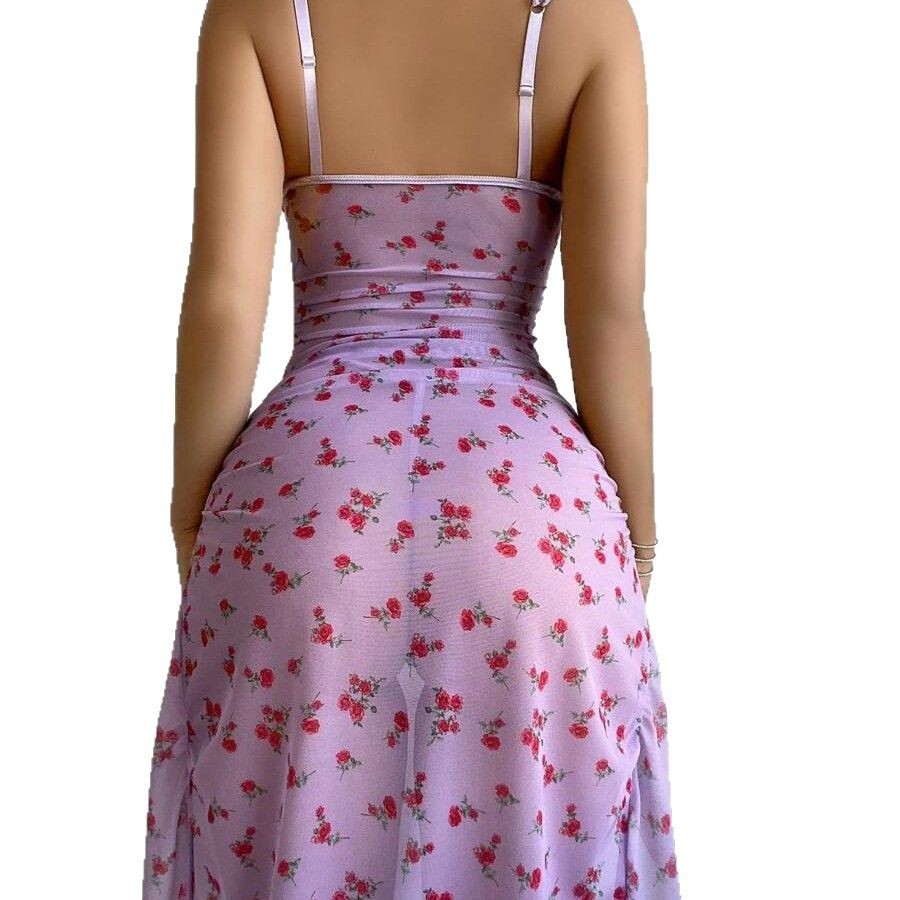 Sexy Lingerie Women's Printed Low-Back Slit Nightgown Set