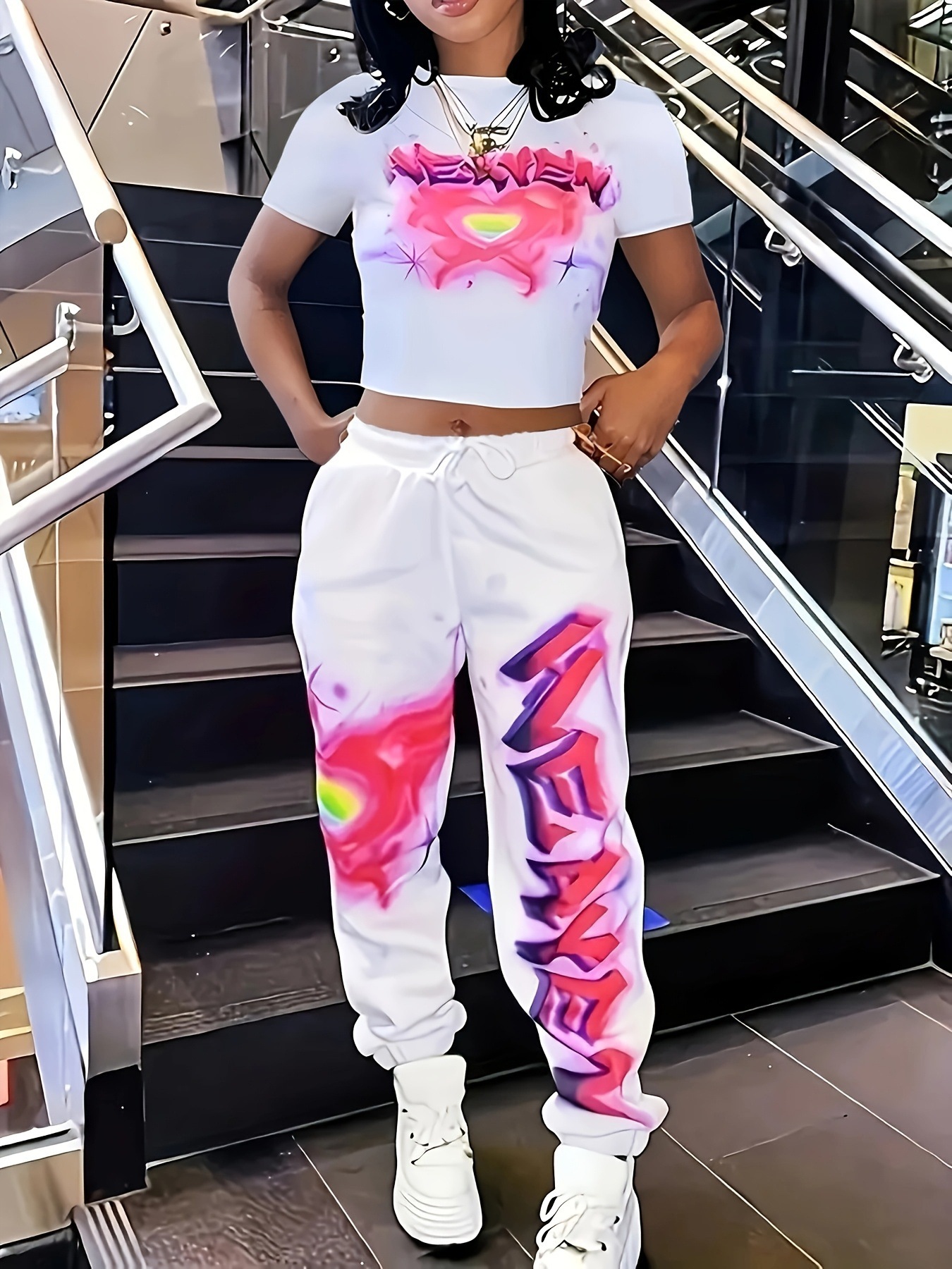 Print Long-Sleeve Top and Sweatpants Casual Two-Piece Set