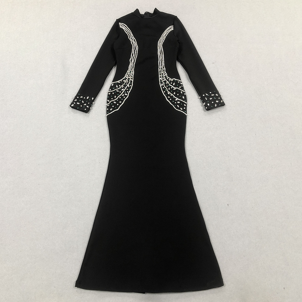 Fall/Winter Long-Sleeve Bandage Dress Rhinestone High Neck Party Gown