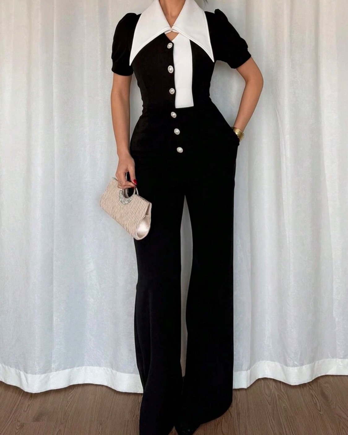 Women Fashion Contrast Sleeveless Button Jumpsuits