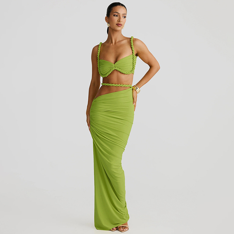 Women Spring Sexy Solid Backless Top and Bodycon Skirt Two-piece Set
