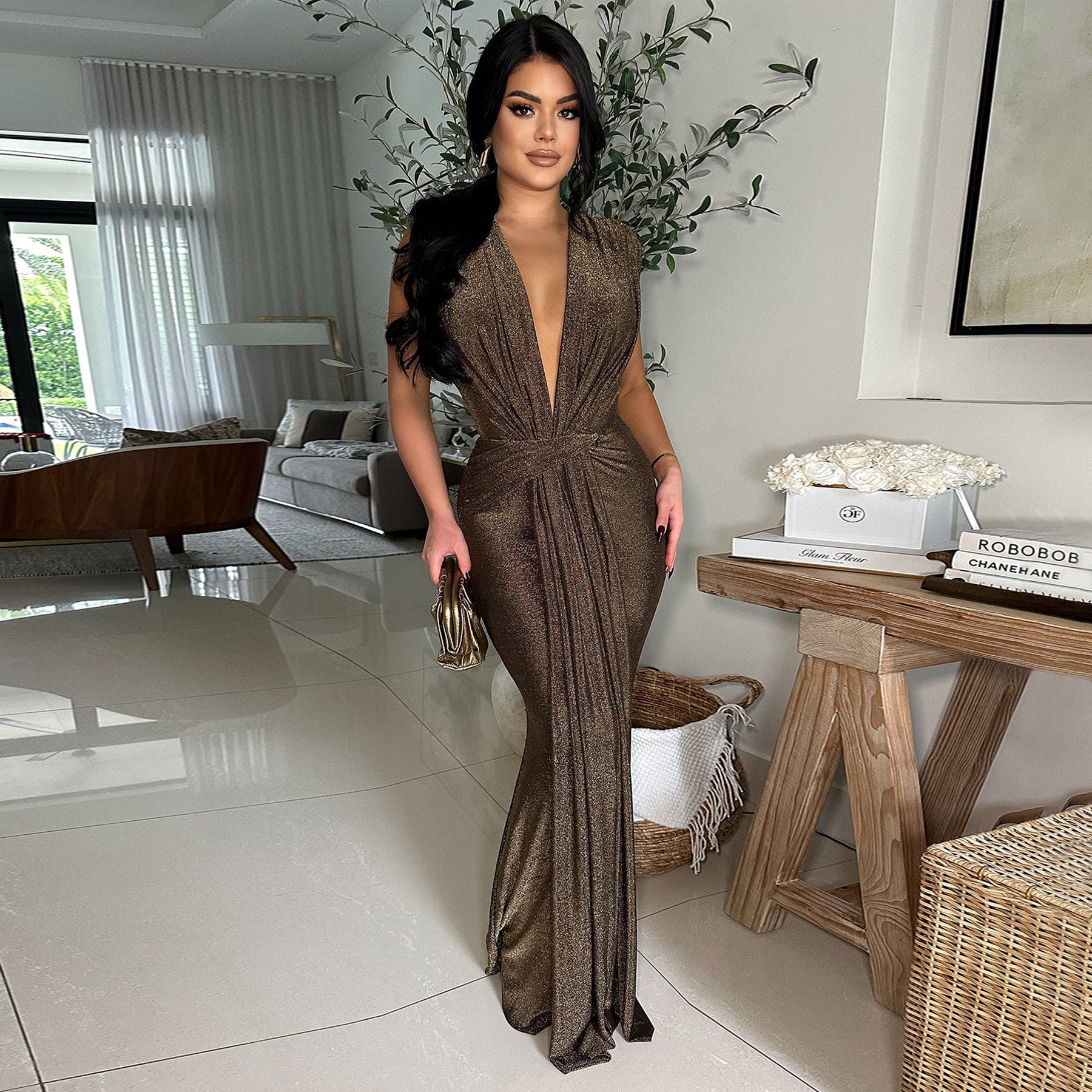 Women's Sexy Deep V-Neck Sleeveless Long Dress