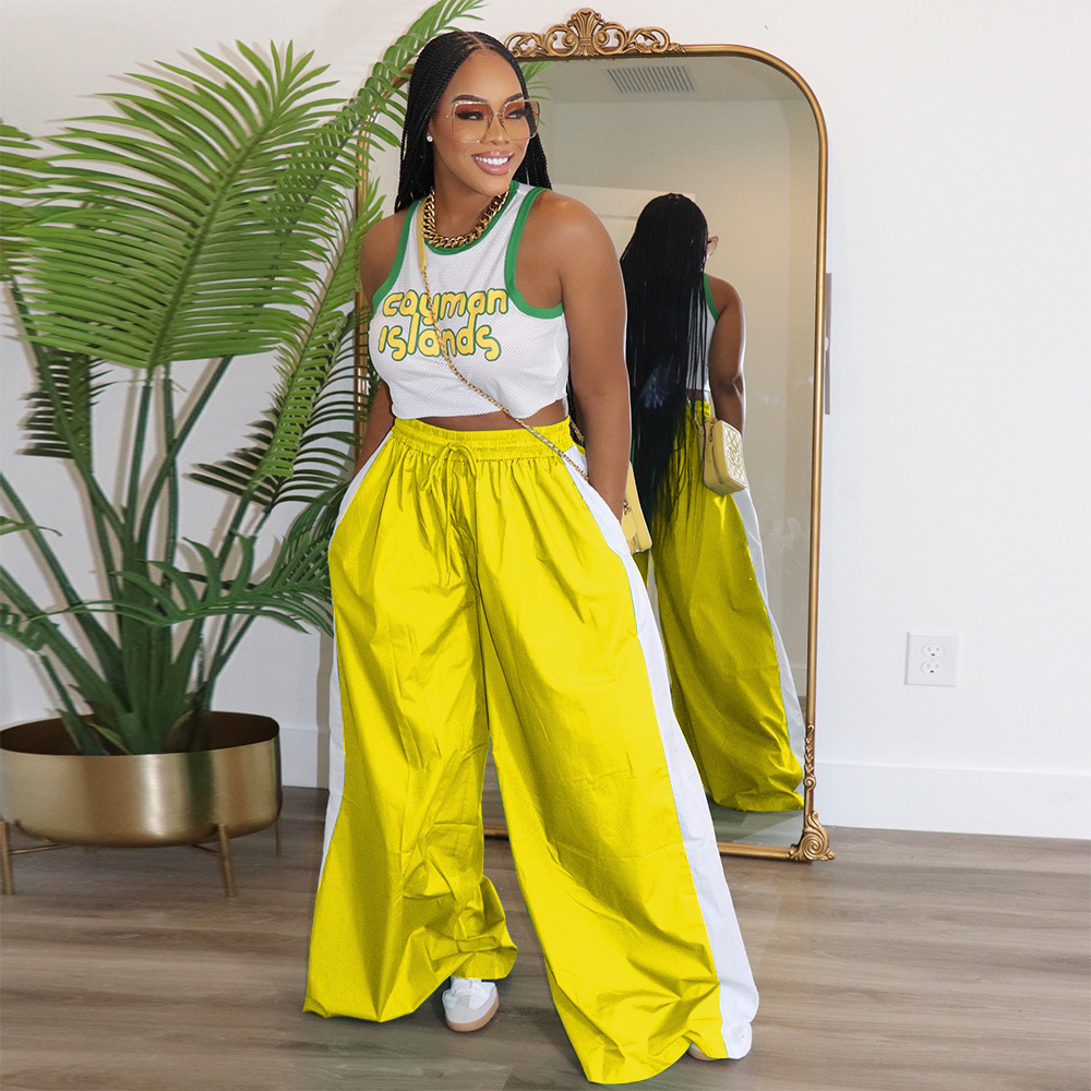 Women Sports Contrast Patchwork Casual Wide Leg Pants