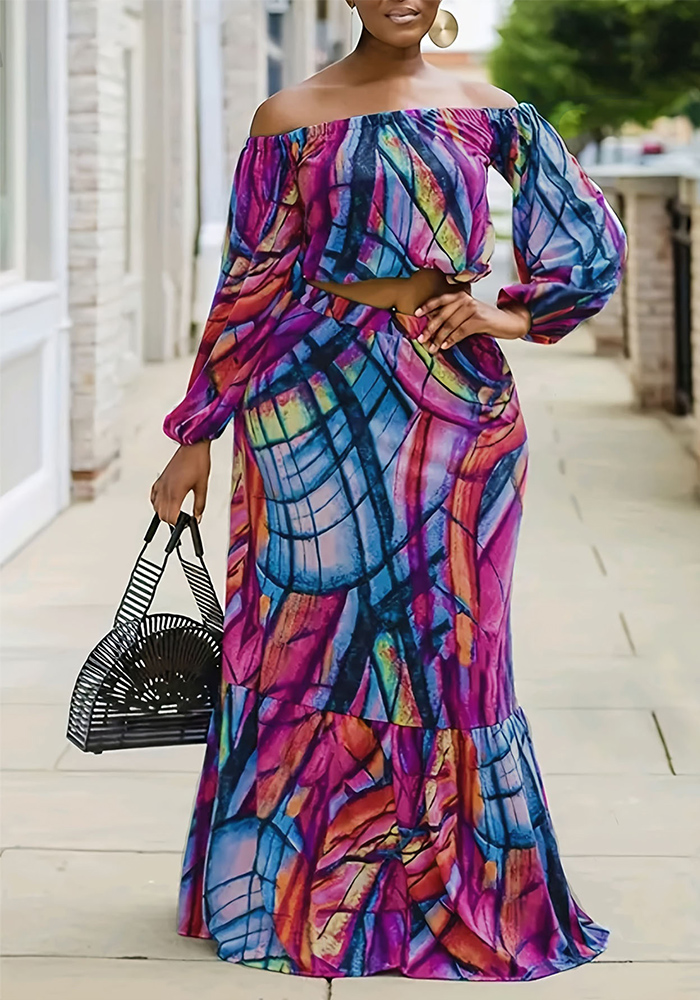 Plus Size Summer Women Casual Bohemian Style Printed Off-Shoulder Top and Skirt Two Piece Set