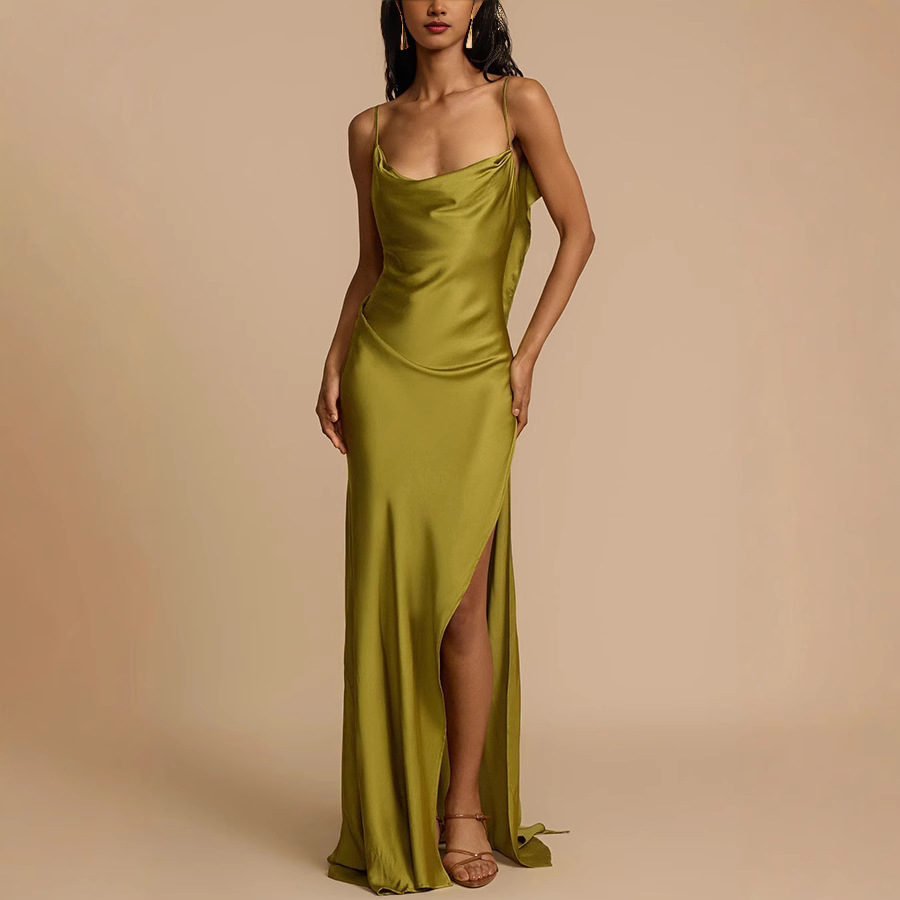 Spring/Summer Strap Backless Slit Dress Casual Loose Satin Holiday Dress