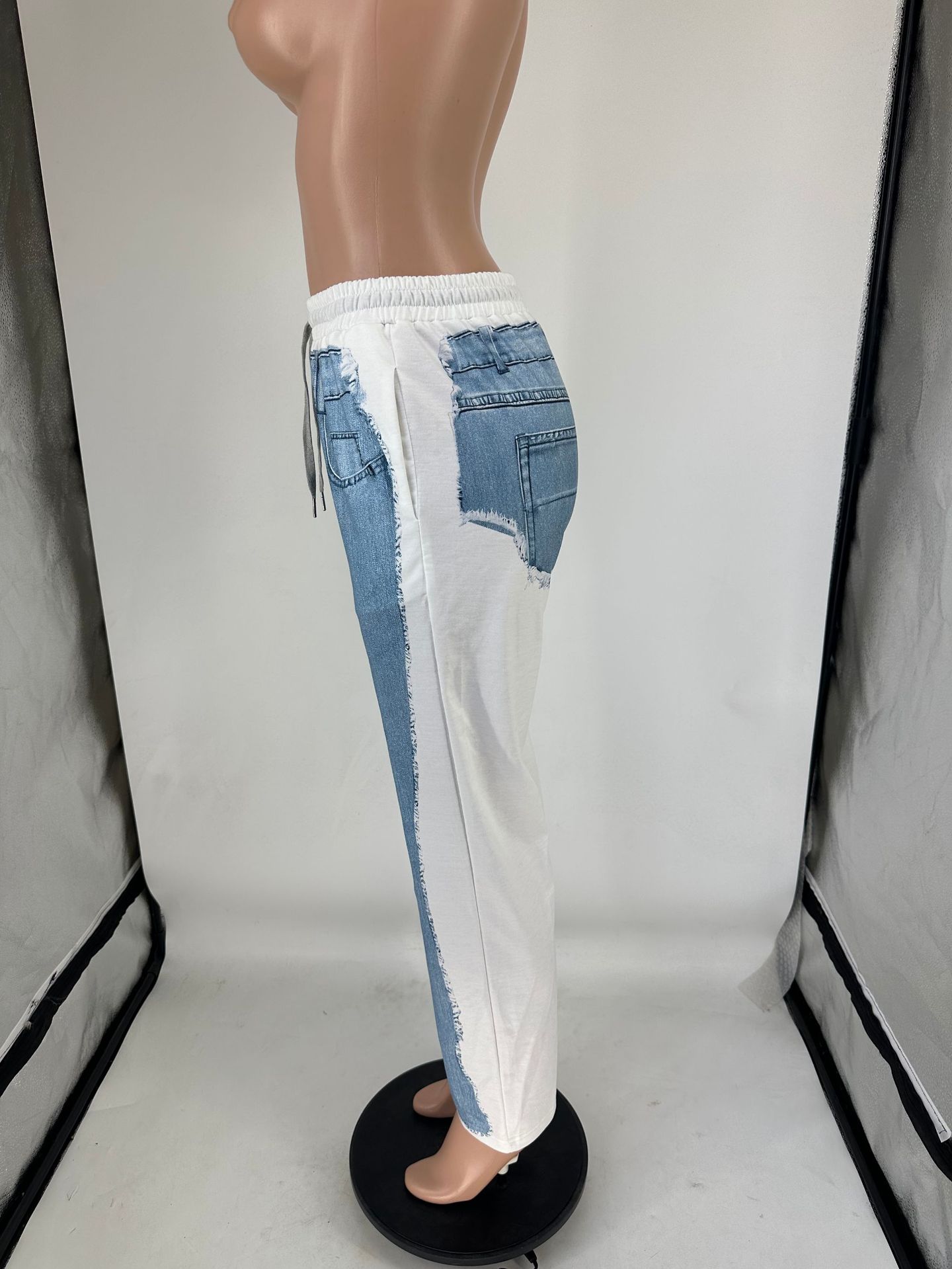 Spring/Summer Denim Print Contrast Pocket Elastic Waist Casual Straight-Leg Pants