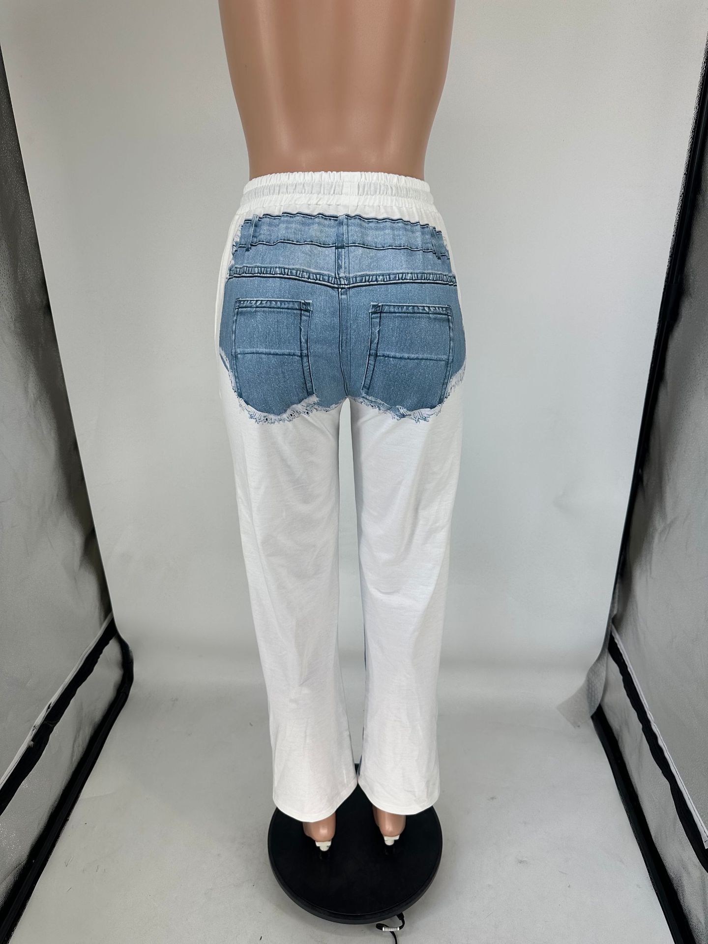 Spring/Summer Denim Print Contrast Pocket Elastic Waist Casual Straight-Leg Pants