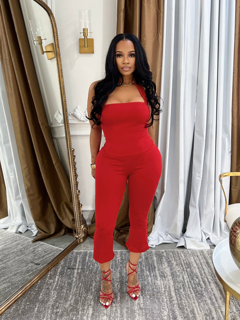 Women Spring Backless Halter Neck Sleeveless Vest and Pants Two Piece Set