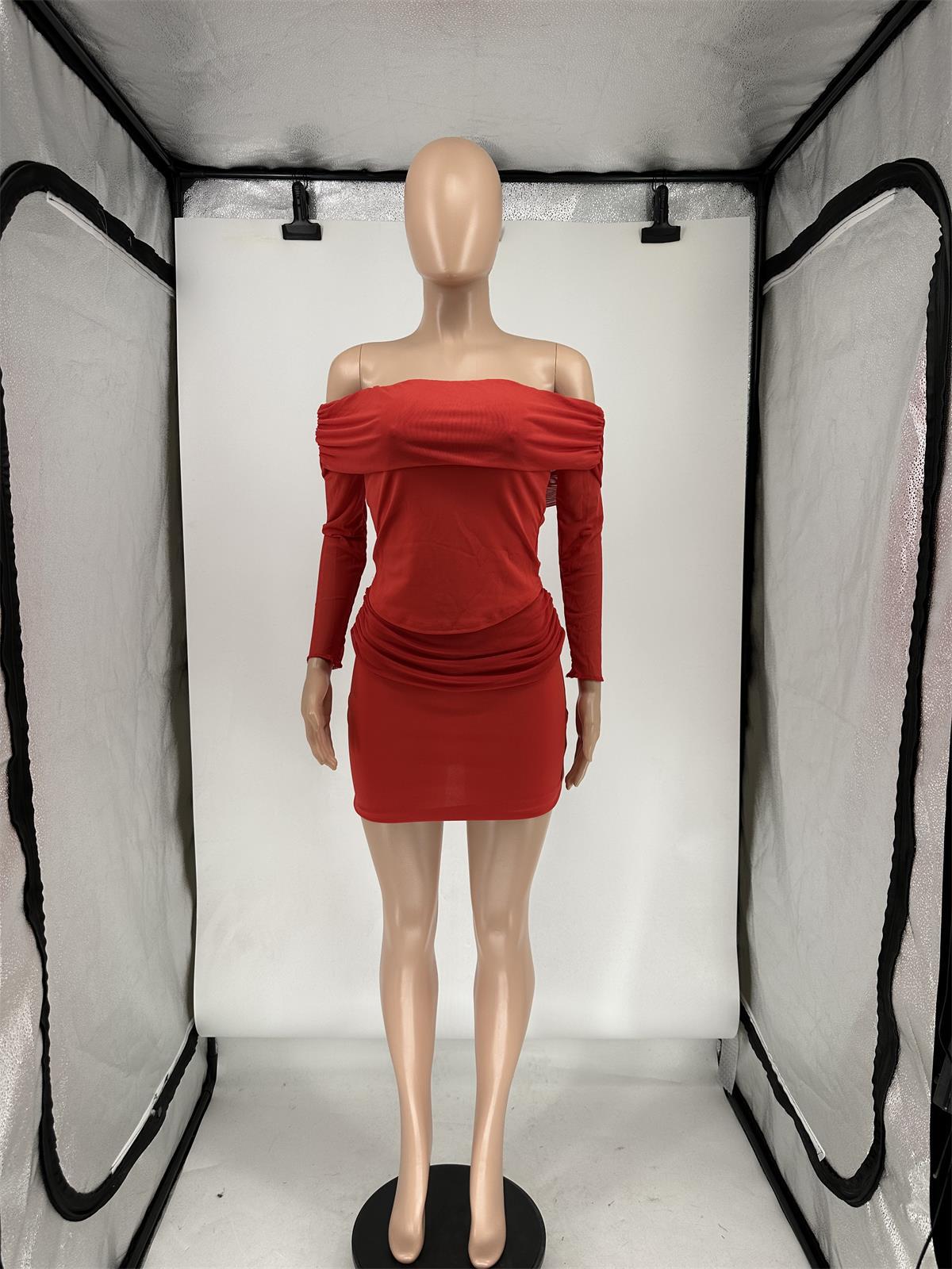 Women's Spring/Summer See-Through Mesh Long-Sleeve Patchwork Off-Shoulder Ruched Two-Piece Skirt Set