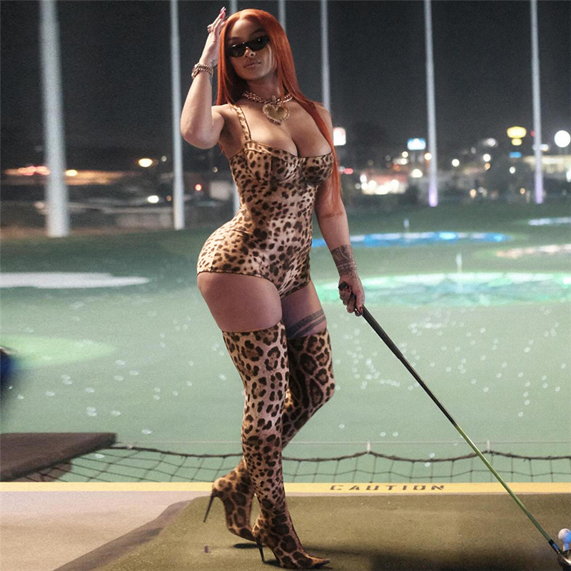 Women Sexy Contrast Leopard Round Neck Long Sleeve Jumpsuit