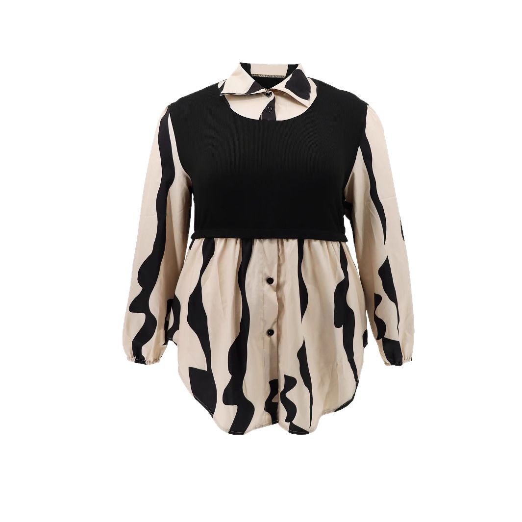 Women Spring Turndown Collar Black and White Patchwork Turndown Collar Wave Long Sleeve Shirt