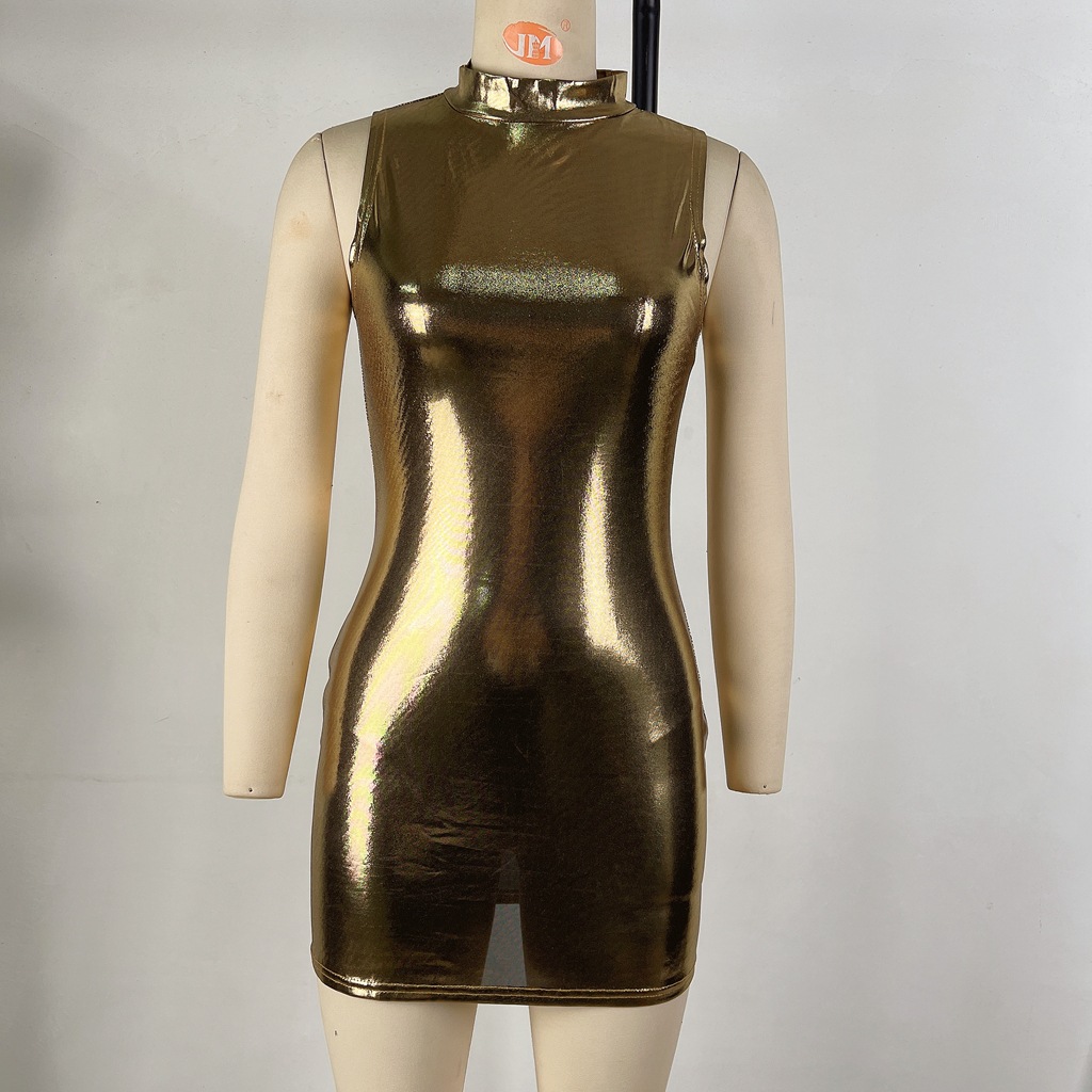 Women's Shiny Faux Leather Sleeveless Slim Waist Bodycon Dress
