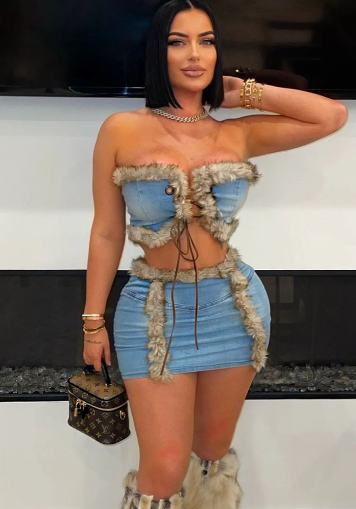 Women Plush Strapless Top and Bodycon Skirt Denim Two Piece Set
