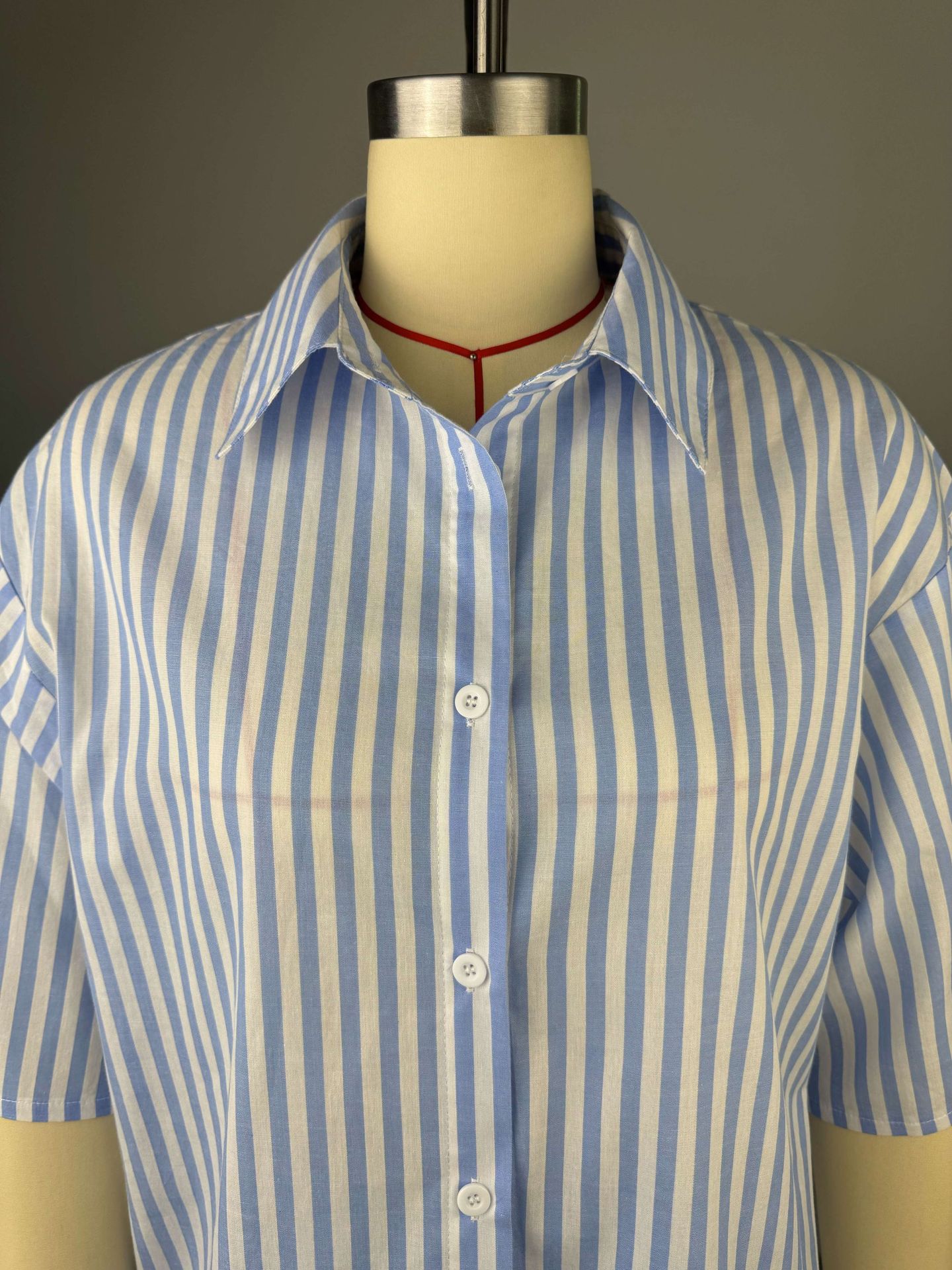 Women Summer Casual Turndown Collar Three-quarter Sleeve Striped Shirt and PantsTwo Piece Set