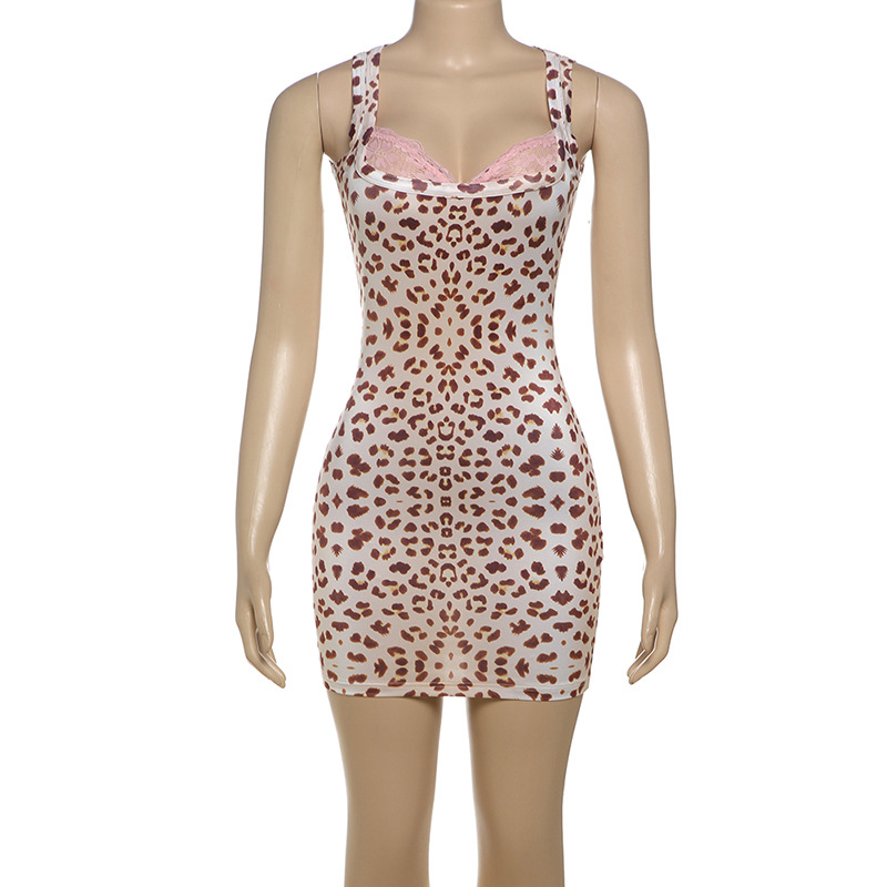 Women's Spring Sexy Lace Patchwork V-Neck Bodycon Leopard Dress