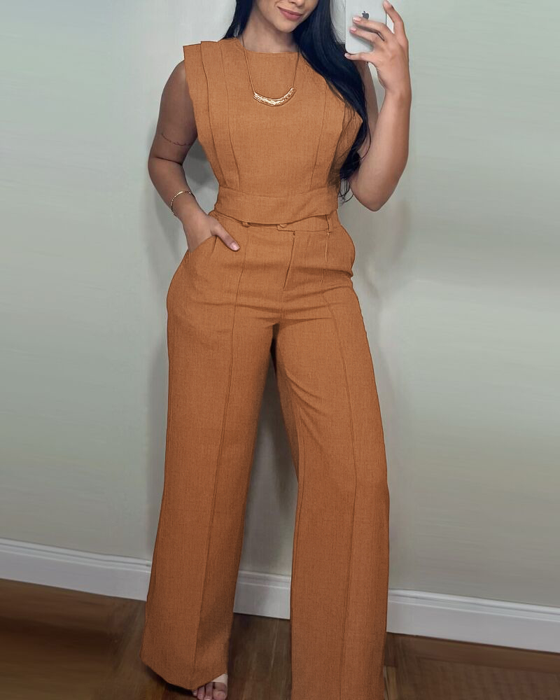 Women Round Neck Crop Top and Pants Casual Two Piece Set