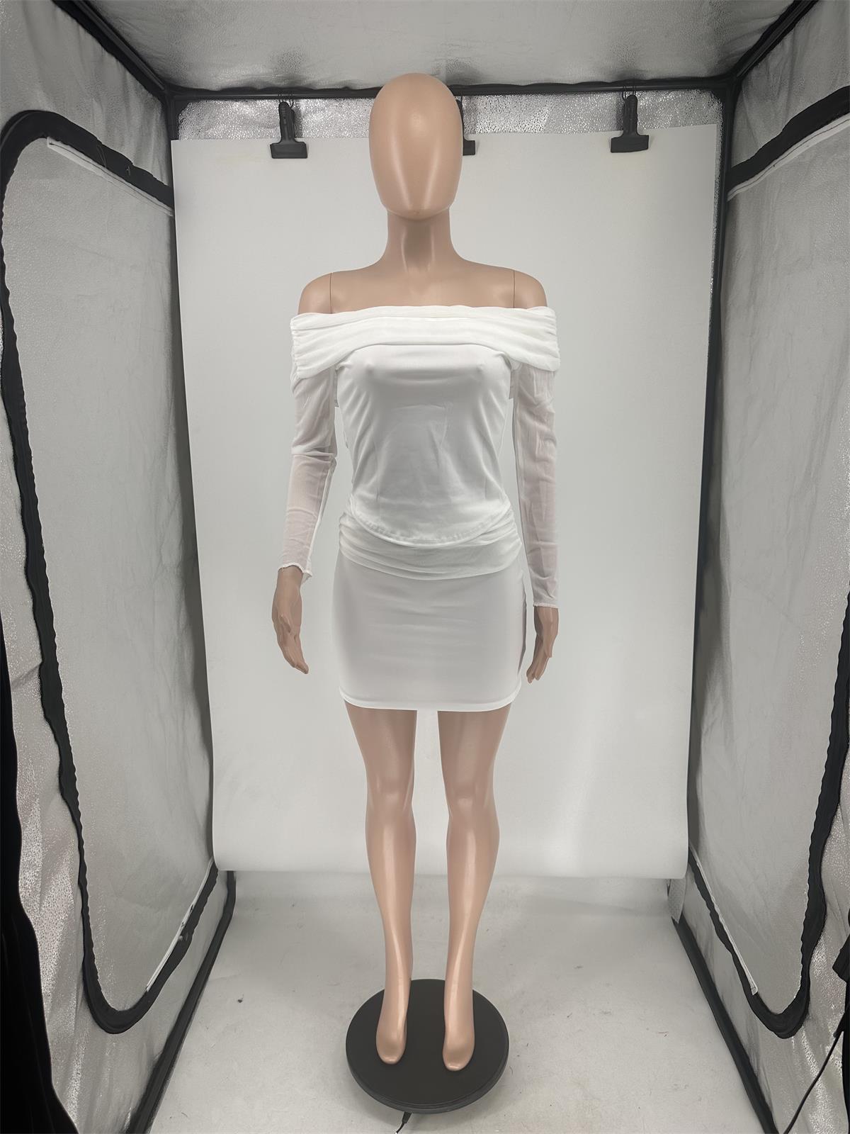 Women's Spring/Summer See-Through Mesh Long-Sleeve Patchwork Off-Shoulder Ruched Two-Piece Skirt Set