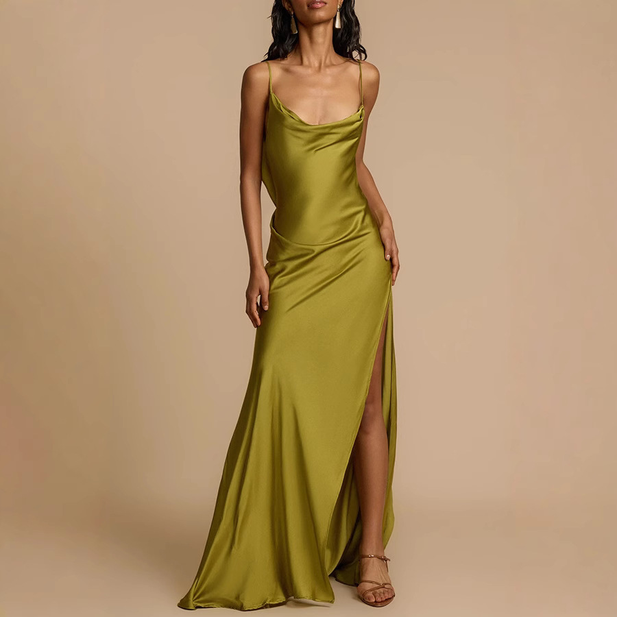 Spring/Summer Strap Backless Slit Dress Casual Loose Satin Holiday Dress