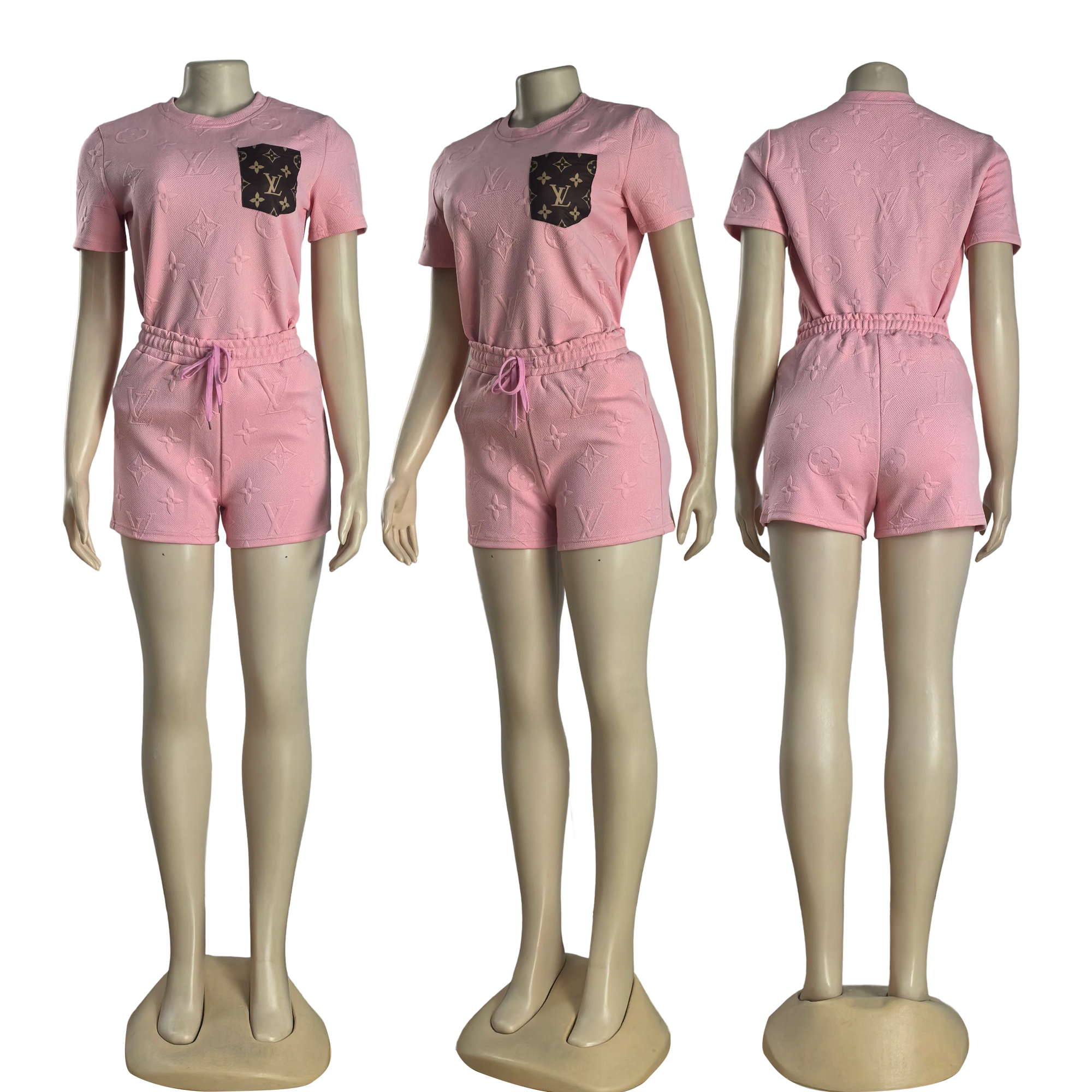 Women Short Sleeve Patch procket Top and Shorts Two Piece Set