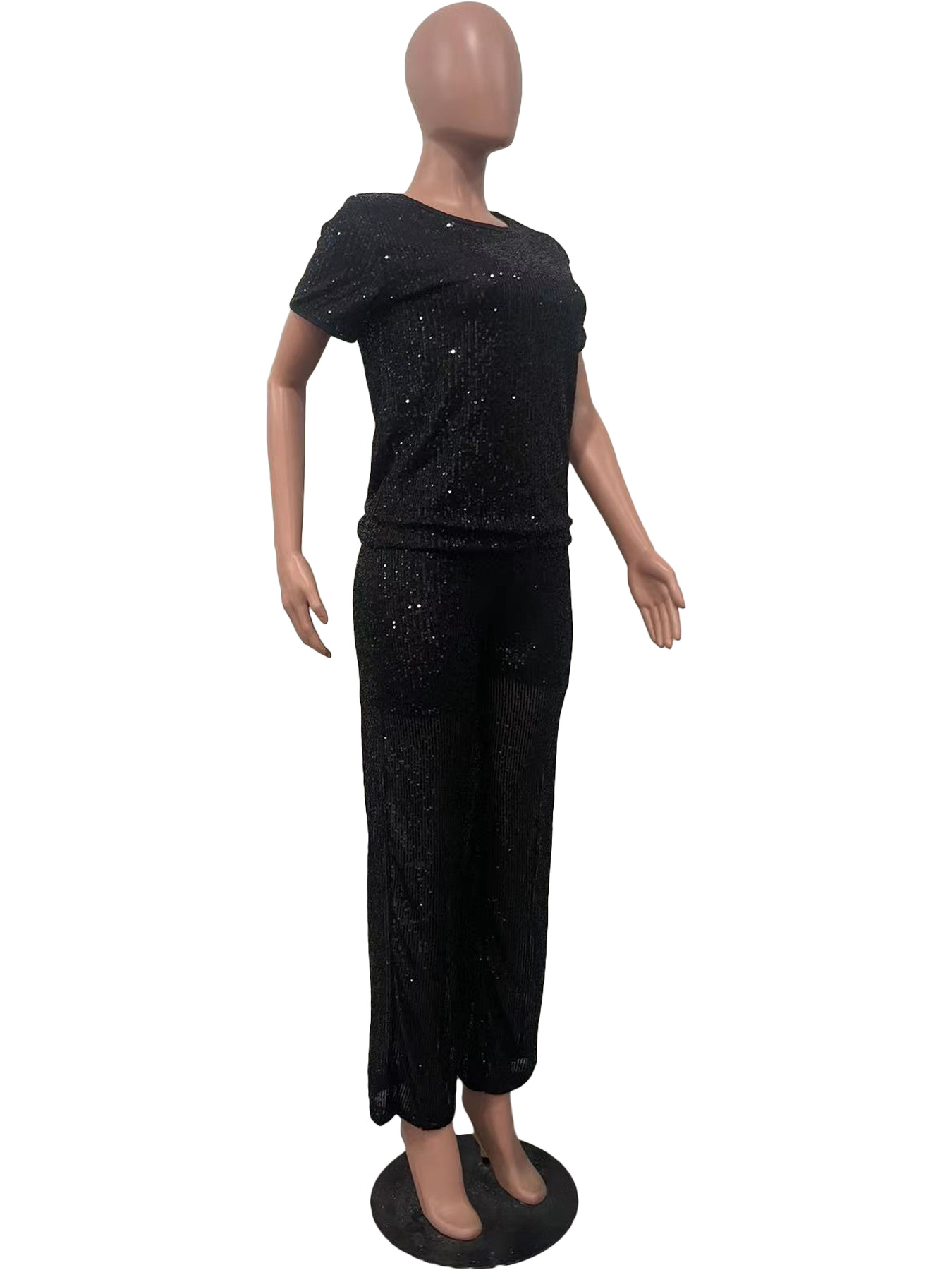 Women Spring Summer Sequin Solid Short Sleeve Top and Pants Two-piece Set