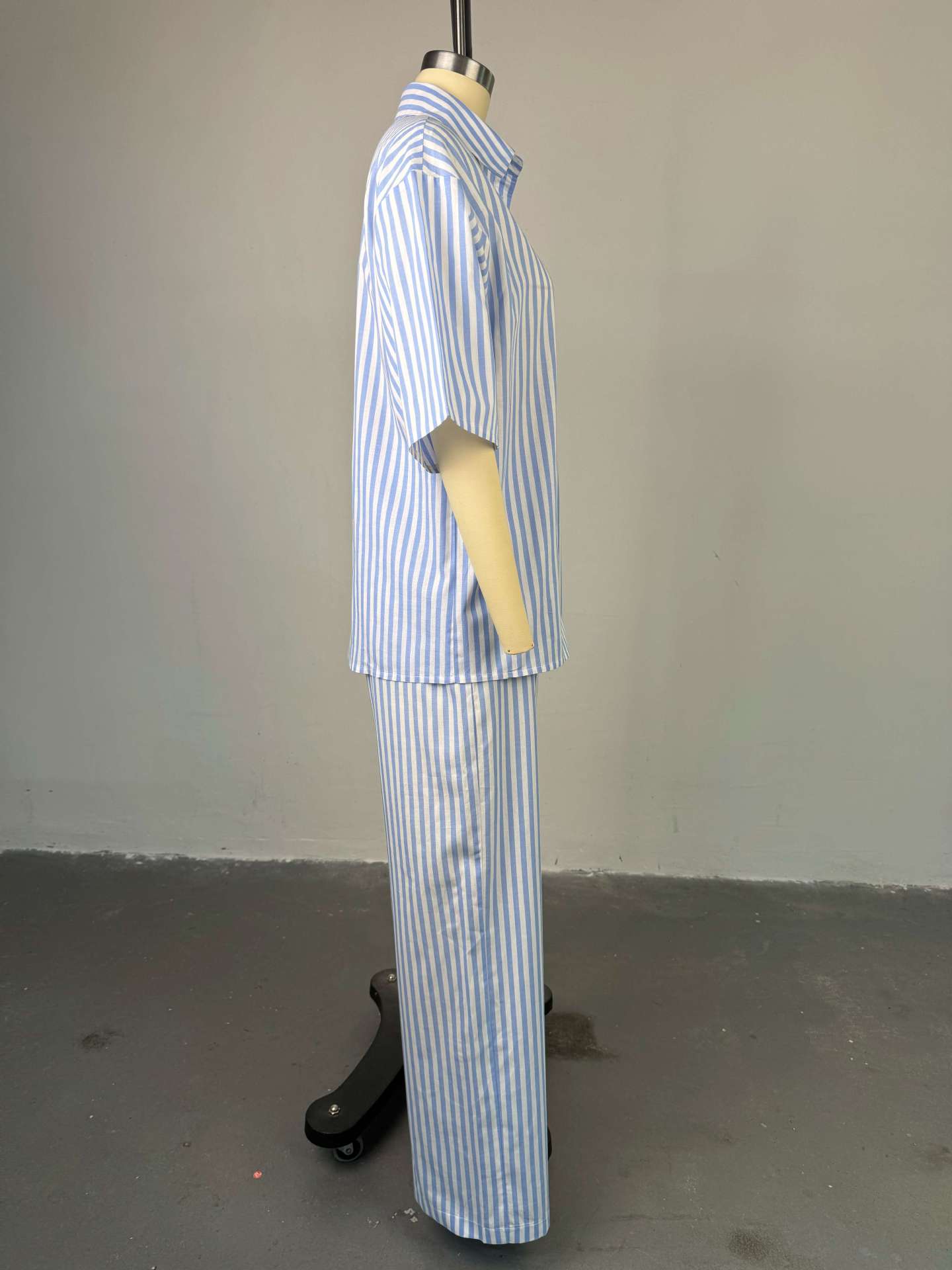 Women Summer Casual Turndown Collar Three-quarter Sleeve Striped Shirt and PantsTwo Piece Set