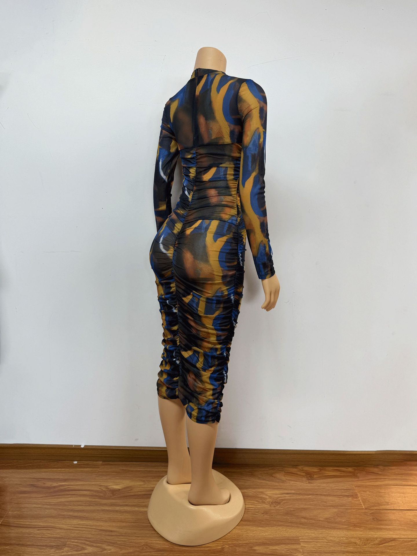 See-Through Mesh Sexy Round Neck Long-Sleeve Bodycon Dress