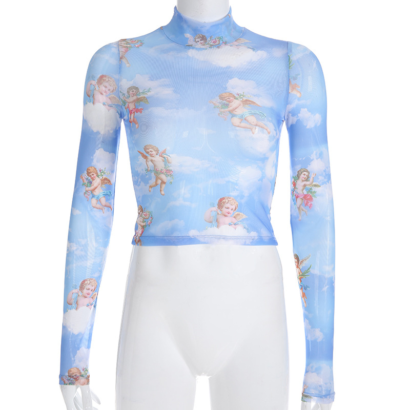 Women's Angel Print Mesh Long-Sleeve T-Shirt