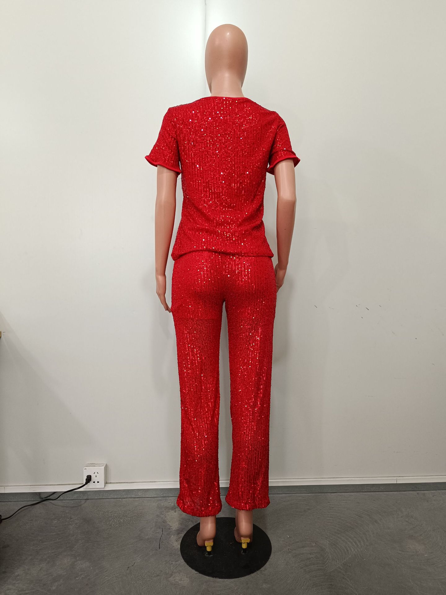 Women Spring Summer Sequin Solid Short Sleeve Top and Pants Two-piece Set