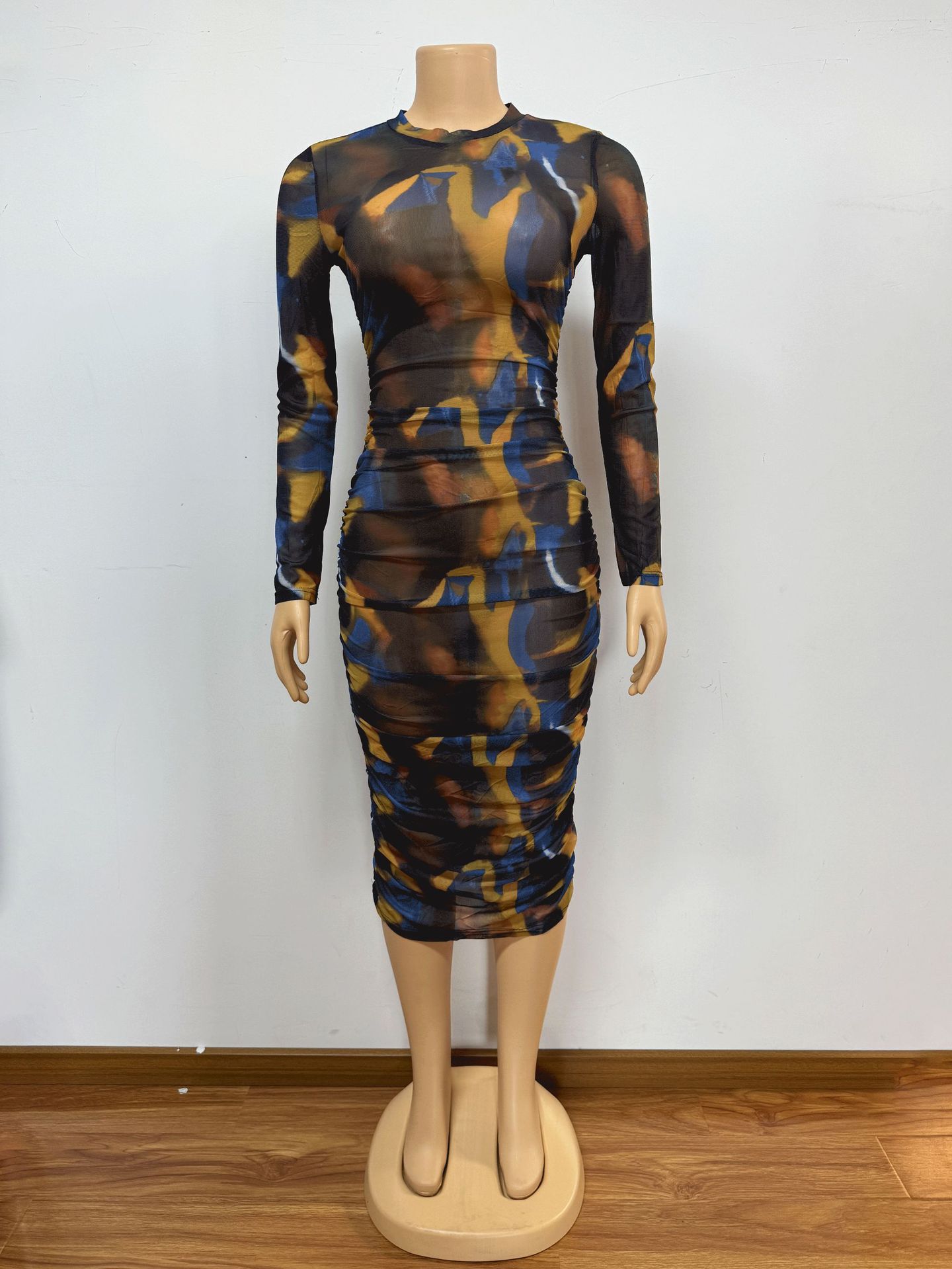 See-Through Mesh Sexy Round Neck Long-Sleeve Bodycon Dress