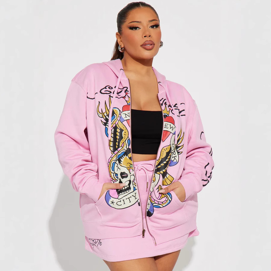 Fashion Print Hoodie Skirt Set