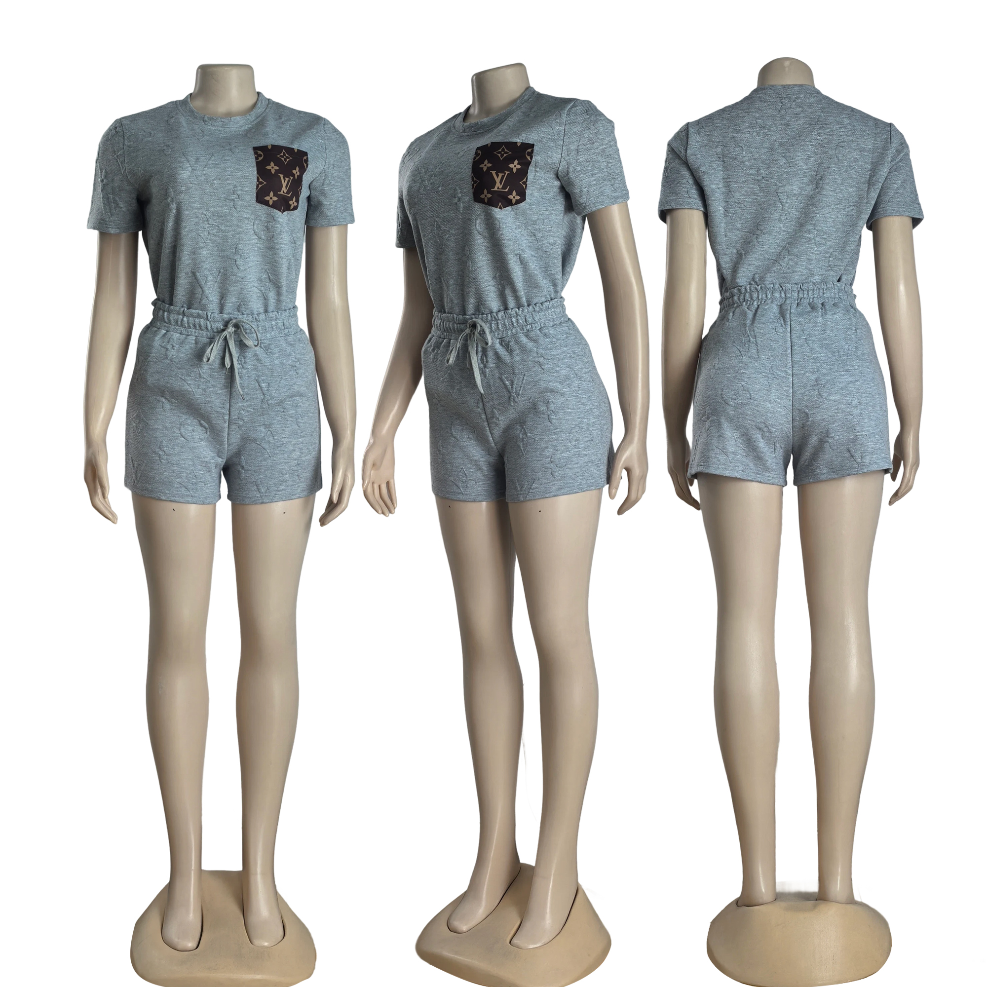 Women Short Sleeve Patch procket Top and Shorts Two Piece Set