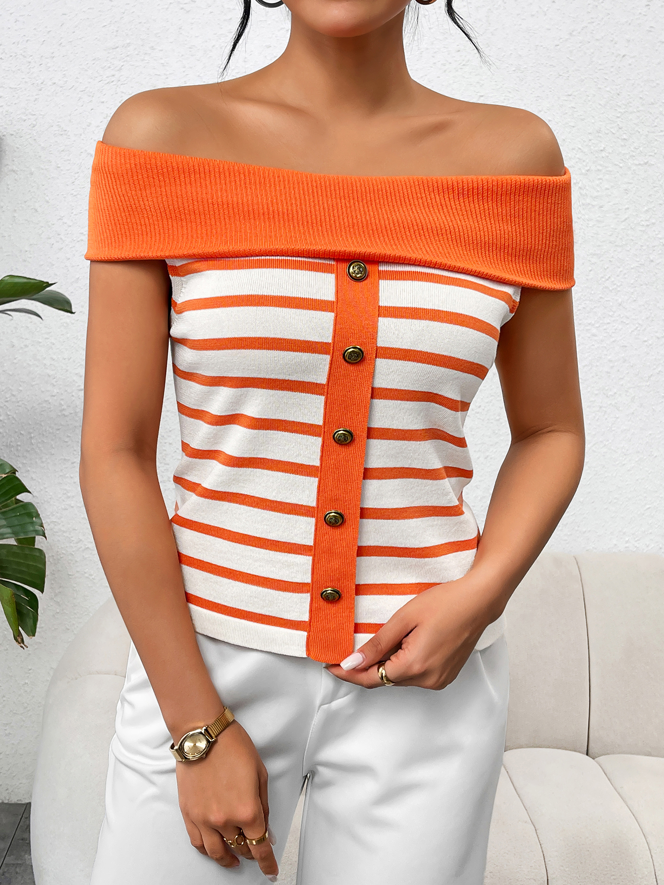 Spring/Summer Women's Fashion Long-Sleeve Striped Off-Shoulder Knit Top