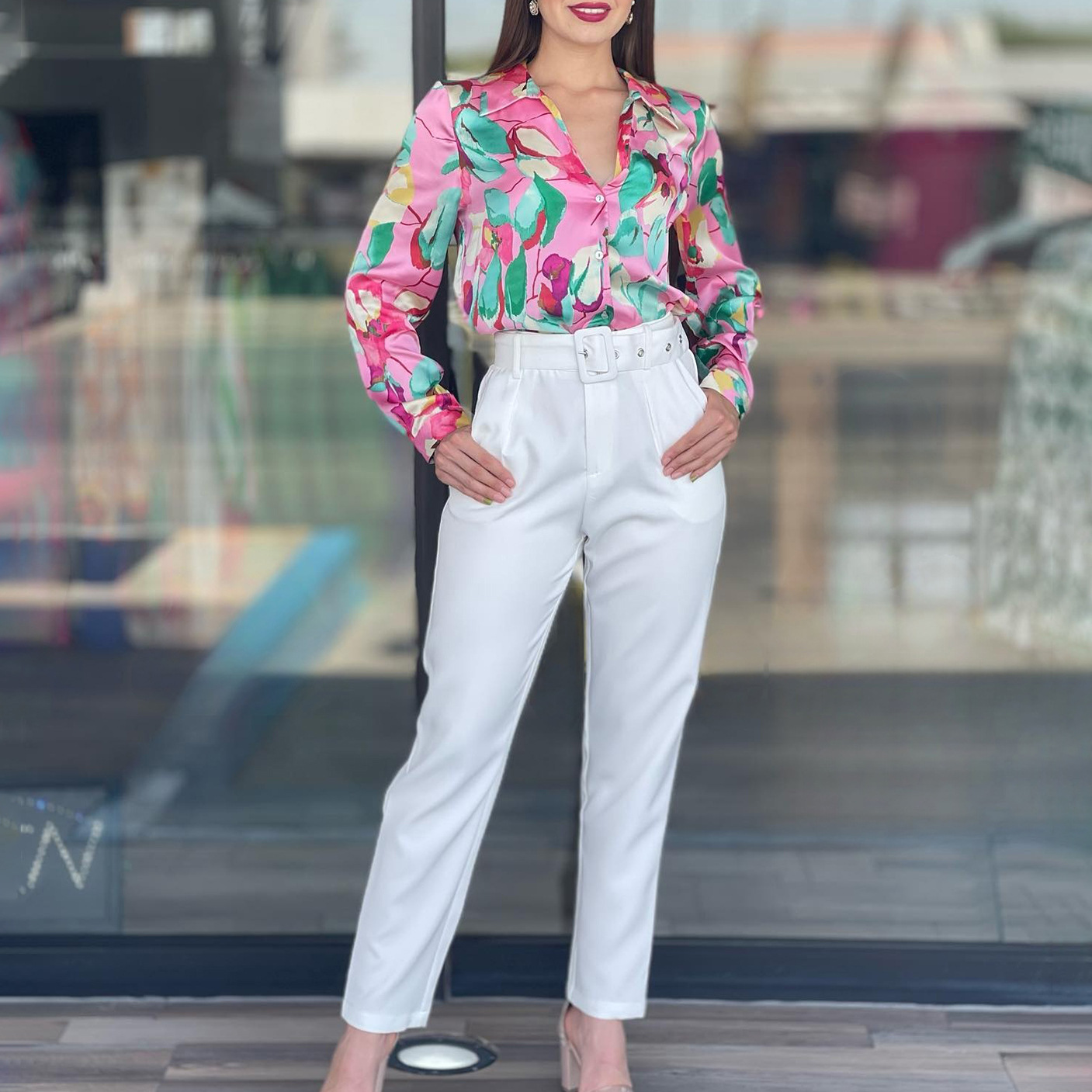 Women's Spring Printed Long-Sleeve Shirt and High-Waist Trousers Two-Piece Set