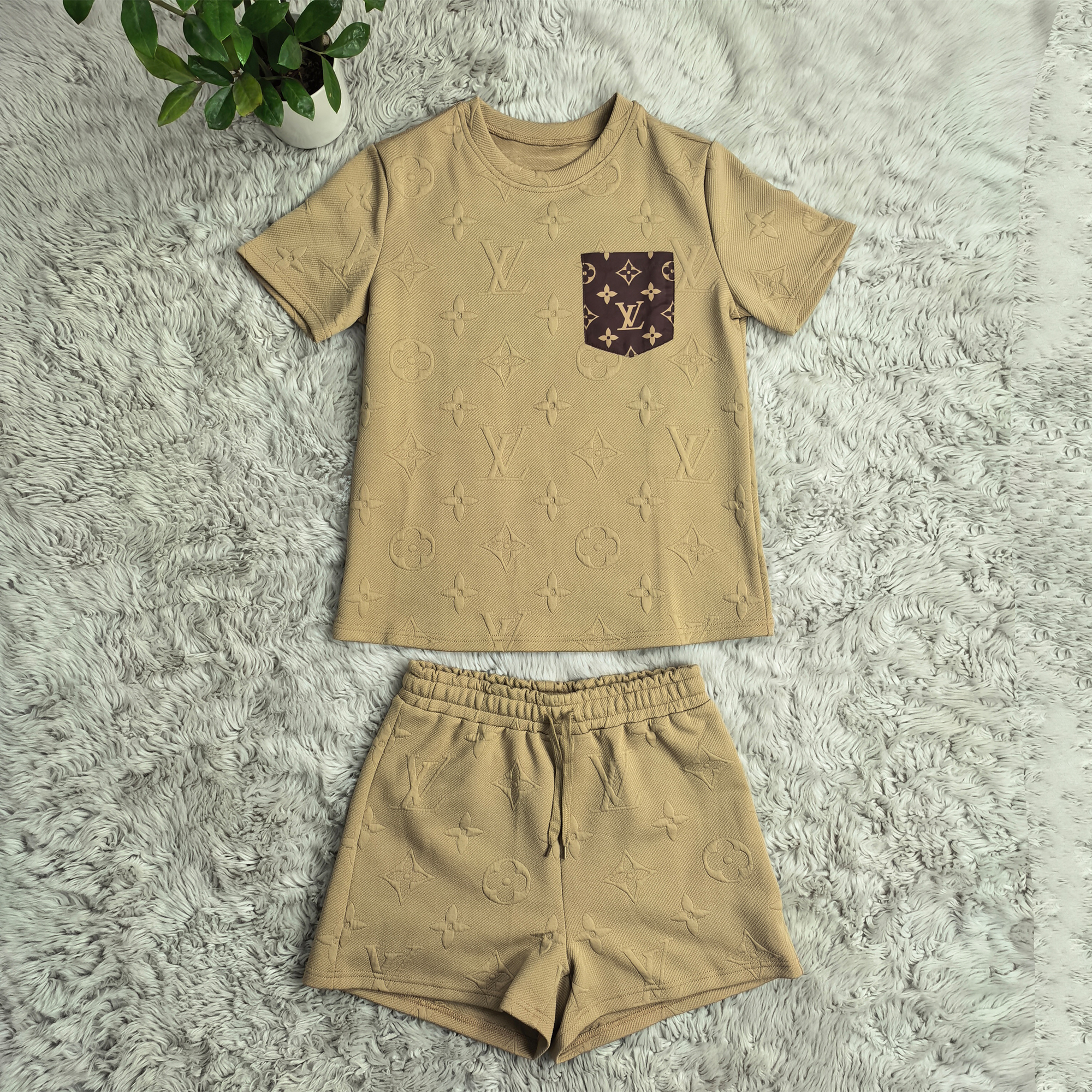 Women Short Sleeve Patch procket Top and Shorts Two Piece Set