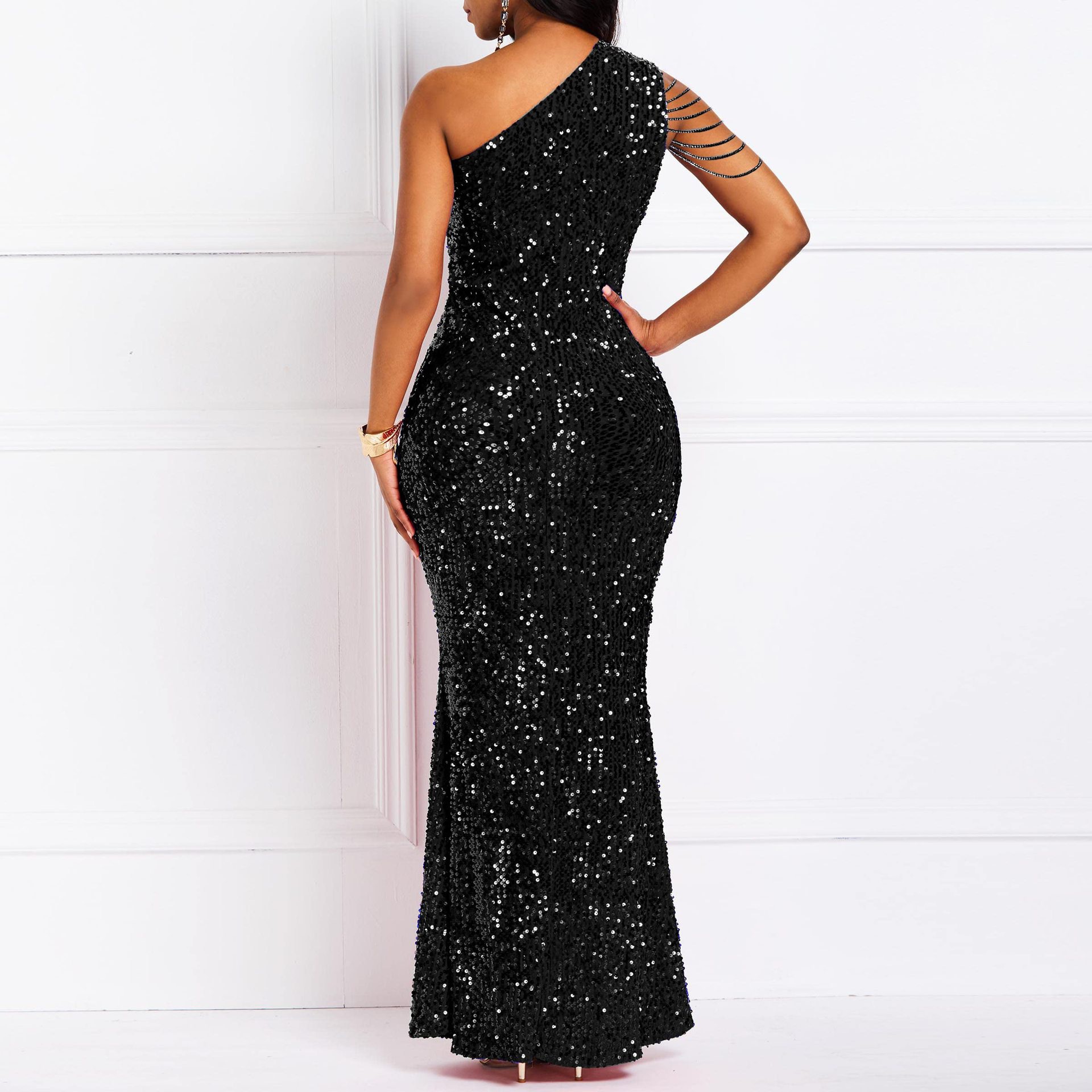 Slash Shoulder Chain Sexy Sequin Low-Back Slim Long Evening Dress
