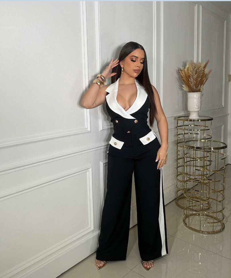 Women Fashion Contrast Lapel Top and Pant Two Piece Set