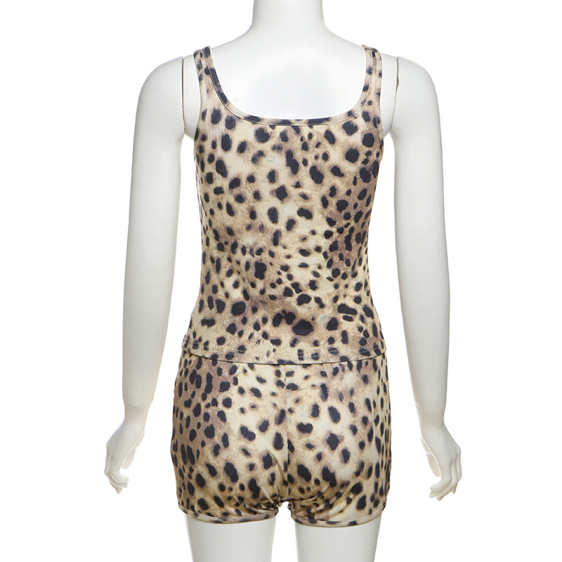 Women's Spring Leopard Print Slim Fitted Camisole and Casual Shorts Set