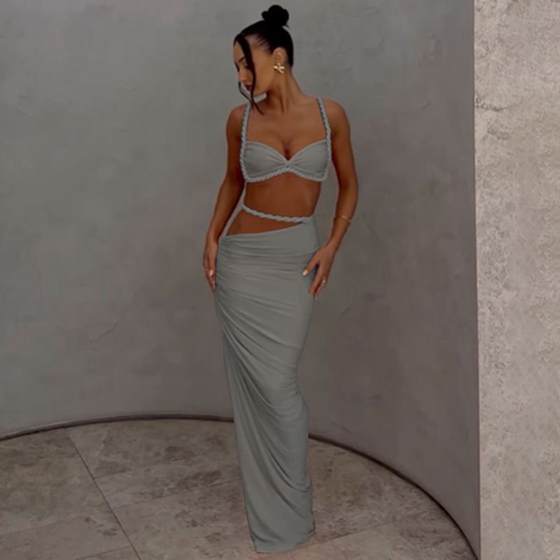 Women Spring Sexy Solid Backless Top and Bodycon Skirt Two-piece Set