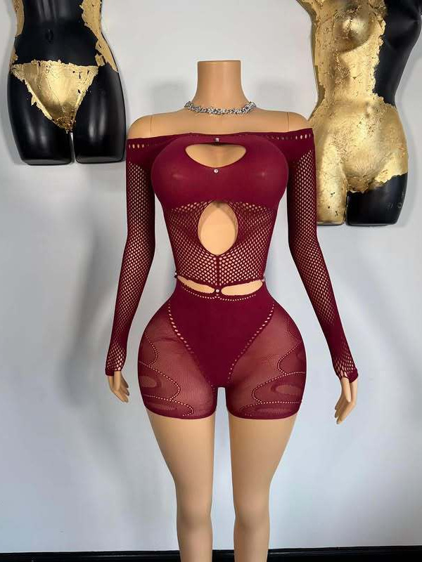 Women Sexy Hollow Off Shoulder Long Sleeve Top and Shorts Set