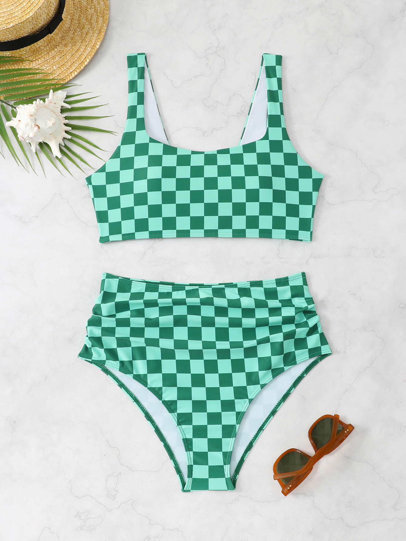 Checkered High-Waist Bikini Two-Piece Sport Swimsuit