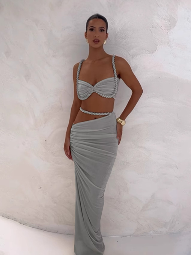 Women Spring Sexy Solid Backless Top and Bodycon Skirt Two-piece Set