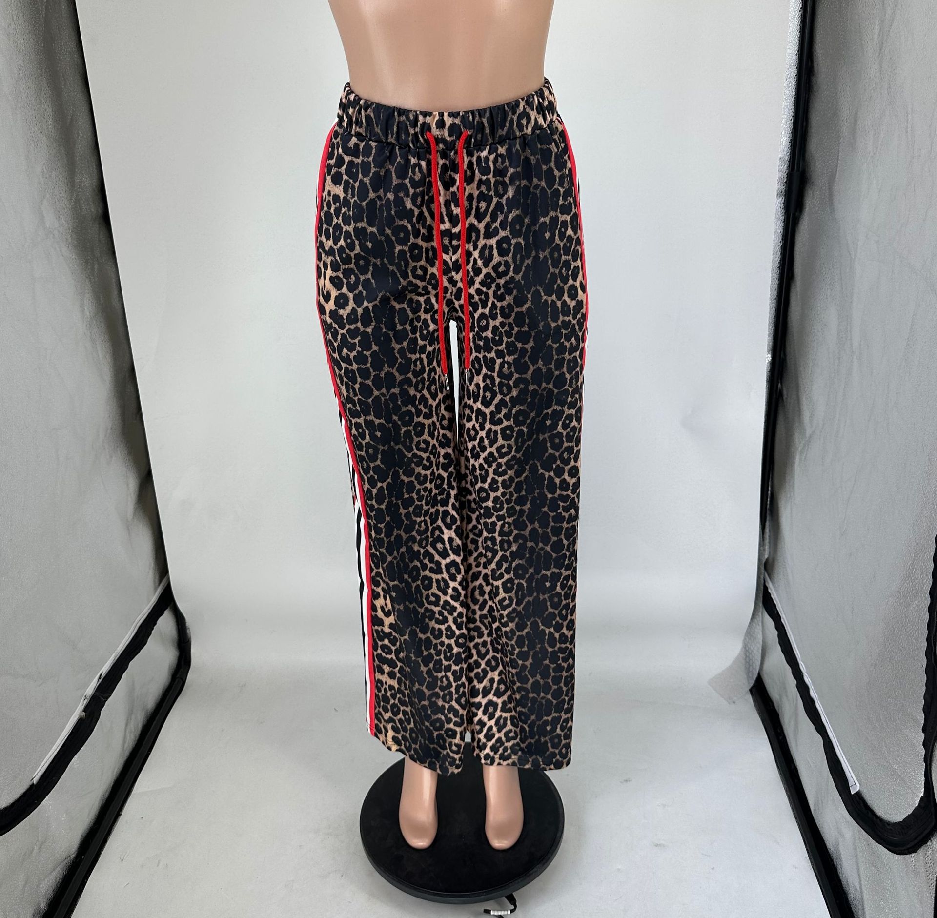 Spring/Summer Fashion Leopard Patchwork Contrast Stripes Casual Straight-Leg Pants