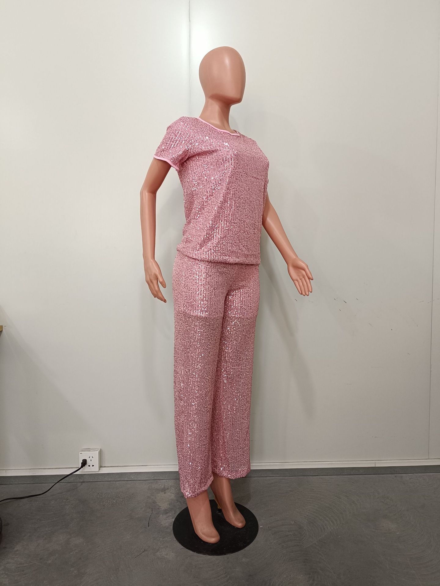 Women Spring Summer Sequin Solid Short Sleeve Top and Pants Two-piece Set