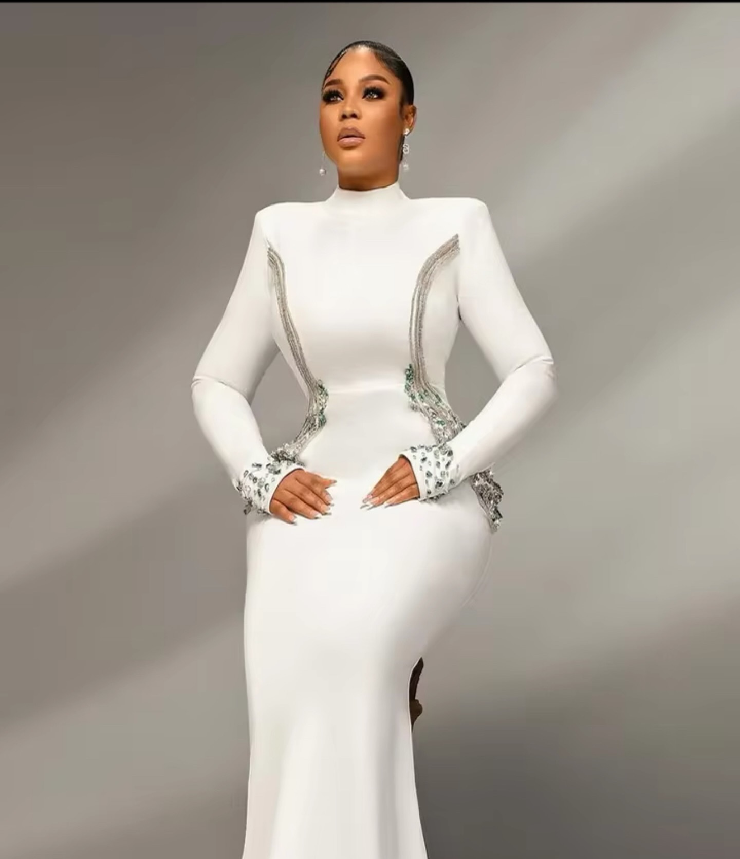 Fall/Winter Long-Sleeve Bandage Dress Rhinestone High Neck Party Gown