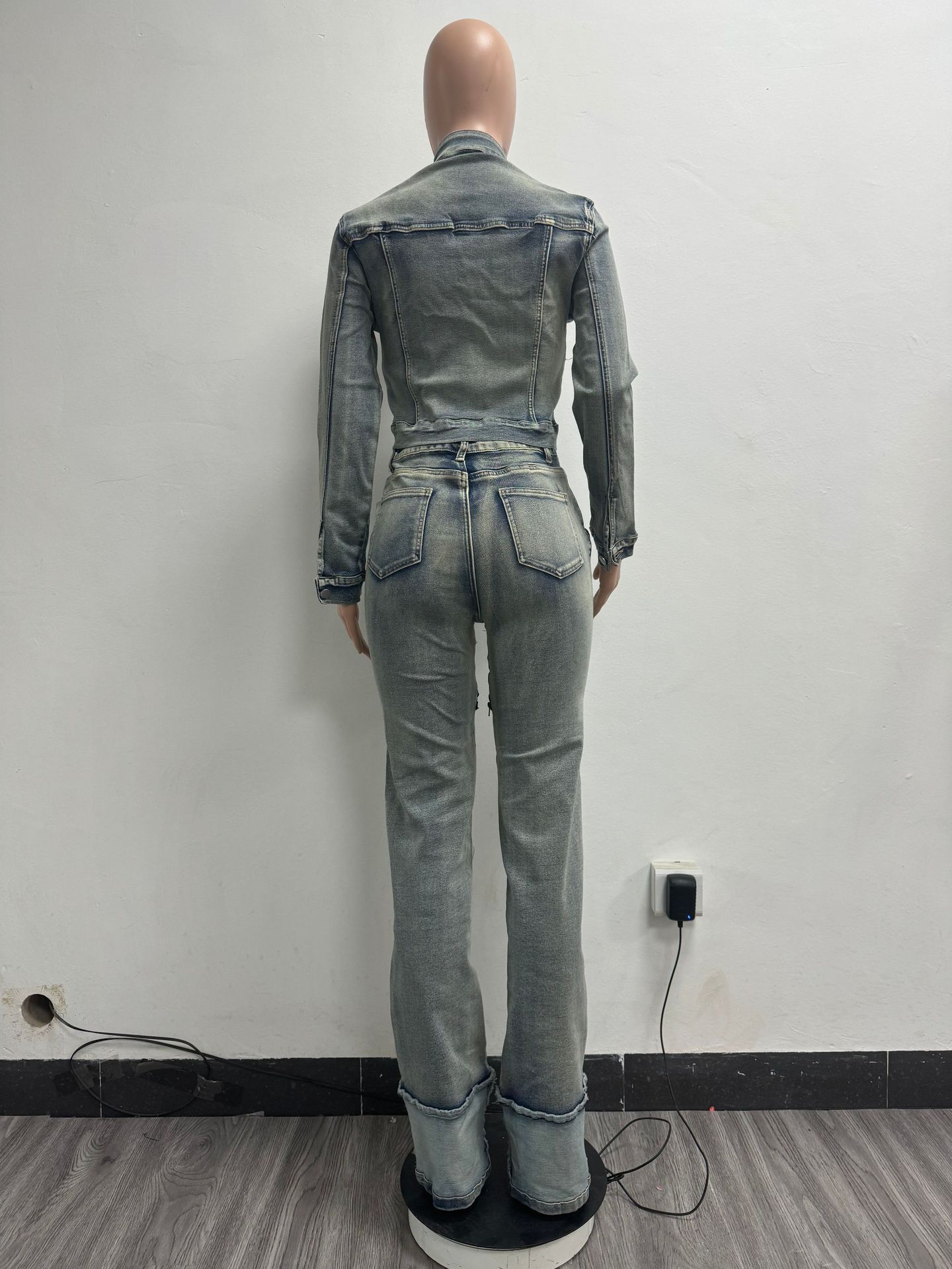 Women Spring Sexy Stretch Washed Zipper Denim Jacket Top and PantsTwo Piece Set