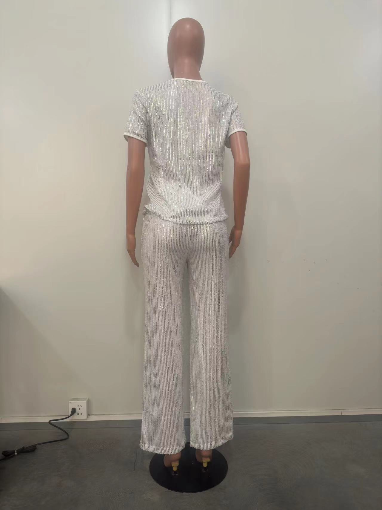 Women Spring Summer Sequin Solid Short Sleeve Top and Pants Two-piece Set