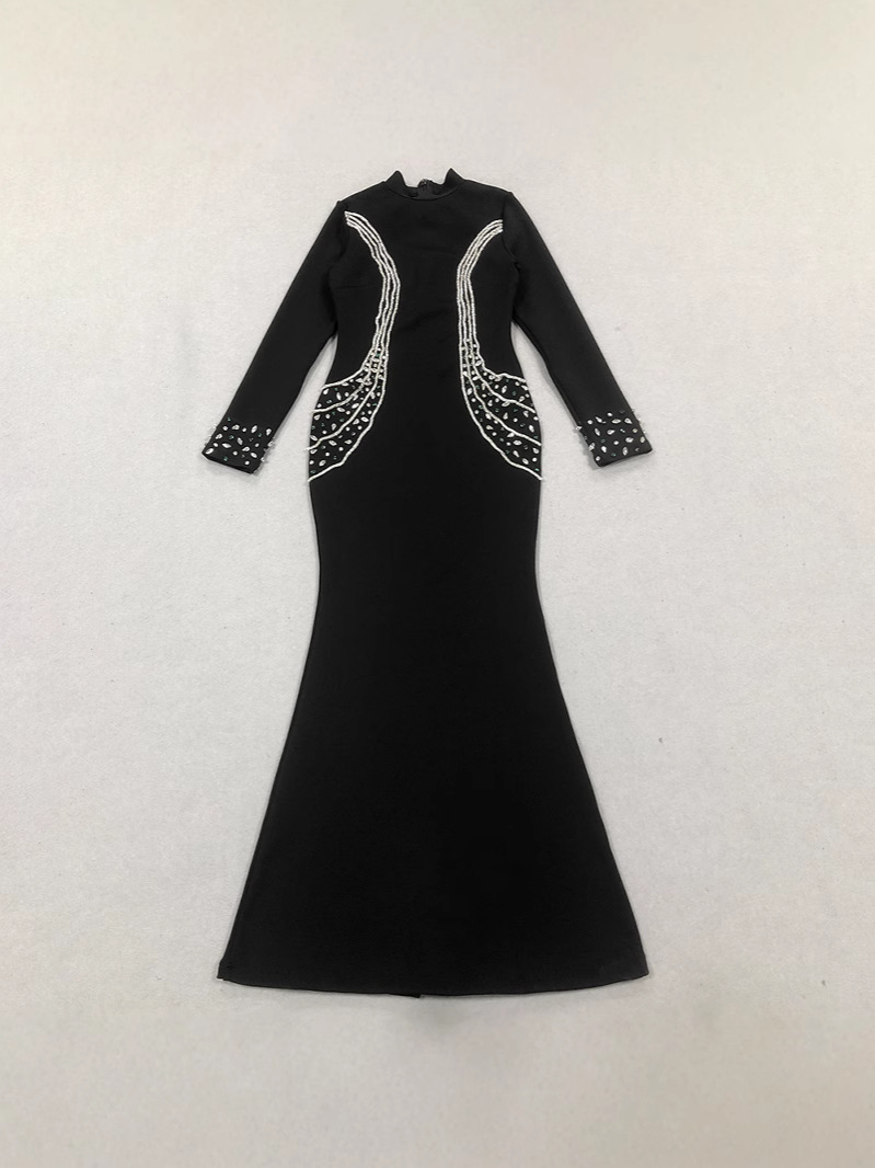 Fall/Winter Long-Sleeve Bandage Dress Rhinestone High Neck Party Gown