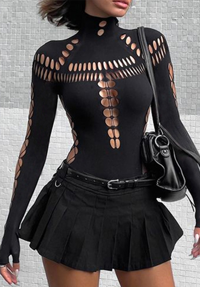 Women Hollow Ripped Hollow High Neck Bodysuit