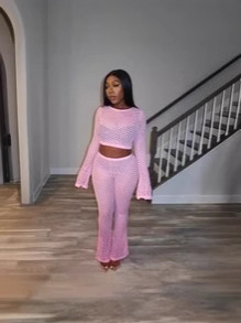 Women Sexy Lace Ripped See-Through Long Sleeve Crop Top and Pants Two Piece Set