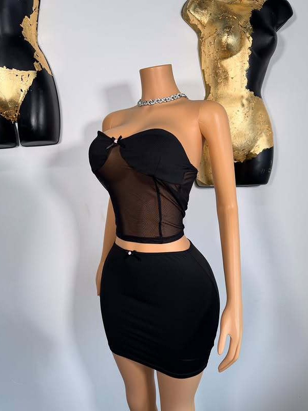 Women See-Through Sexy Patchwork Wrap Top and Skirt Two Piece Set